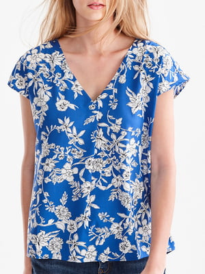 Блуза синяя с цветочным принтом | 5922286
