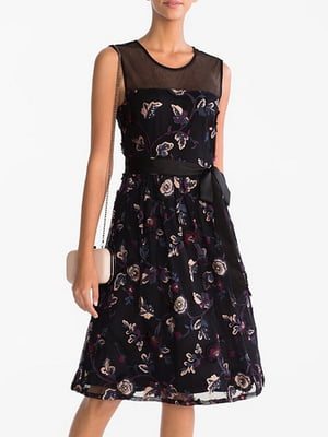 Платье А-силуэта черное с цветочным принтом | 5921986