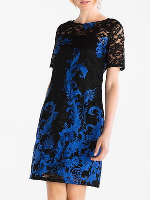 Платье А-силуэта черно-синее с рисунком | 5921996