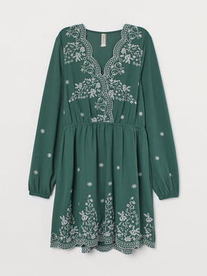 Платье А-силуэта зеленое с вышивкой | 5923324