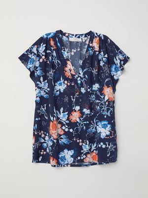 Блуза синяя с цветочным принтом | 5923517