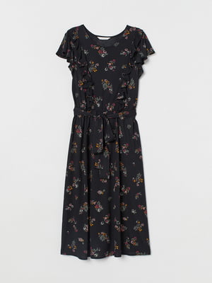 Платье А-силуэта черное с цветочным принтом | 5923801