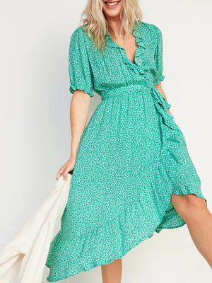 Платье А-силуэта зеленое в цветочный принт | 5933503