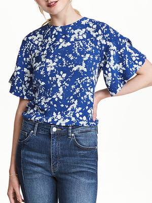 Блуза синяя с цветочным принтом | 5947692