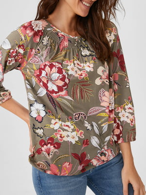 Блуза цвета хаки в цветочный принт | 5948341