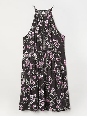 Платье А-силуэта черное с цветочным принтом | 5967331