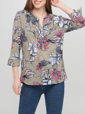Блуза кольору хакі в квітковий принт | 5983951