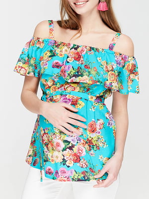 Блуза для беременных и кормящих цвета аквамарин в цветочный принт | 5987267