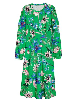 Платье А-силуэта зеленое в цветочный принт | 5990375
