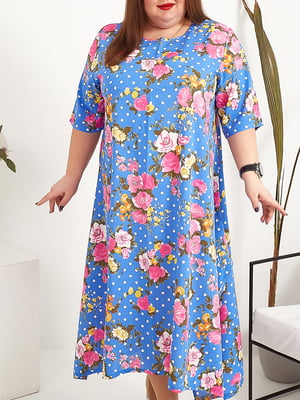 Платье А-силуэта комбинированного цвета в горошек и цветочный принт | 5998641