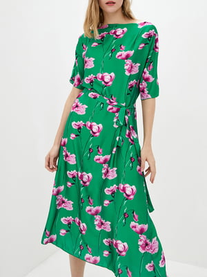Платье А-силуэта зеленое в цветочный принт | 6010026