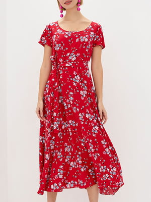 Платье А-силуэта красное в цветочный принт | 6010086