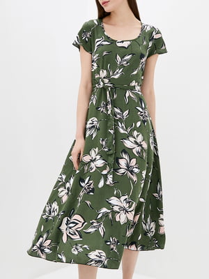 Платье А-силуэта зеленое в цветочный принт | 6010089