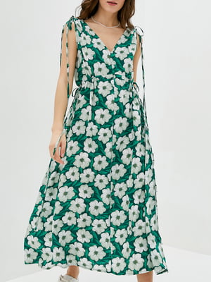 Платье А-силуэта зеленое в цветочный принт | 6010098