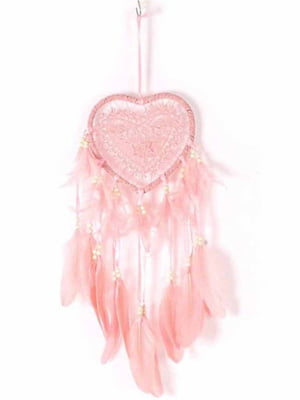 Світильник-нічник креативний ловець снів серце з пір'ям для декору рожевий | 6015662