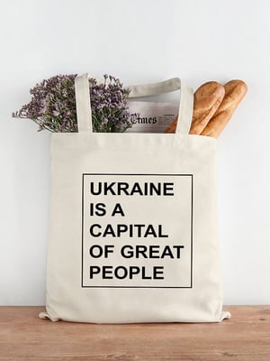 Екосумка-шопер бежева з принтом Ukraine is a capital of great people | 6021828