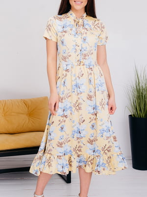 Платье А-силуэта светло-желтое с цветочным принтом | 6023372