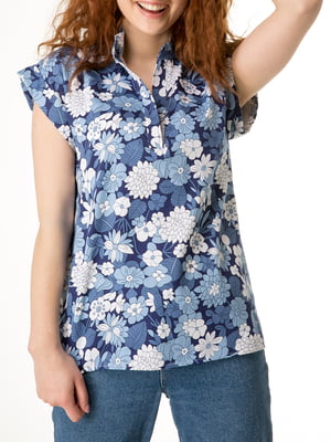 Блуза синяя с цветочным принтом | 6030775