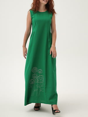Платье А-силуэта зеленое с вышивкой | 6030790