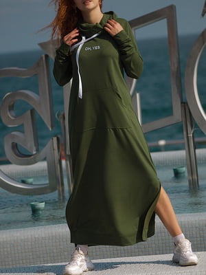 Сукня-худі кольору хакі з вишивкою | 6030806
