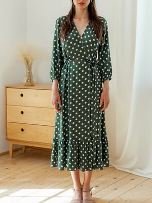 Платье А-силуэта зеленое в горох | 6033661
