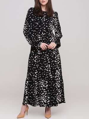 Платье А-силуэта черное с цветочным принтом | 6033684
