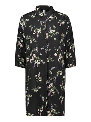 Рубашка-туника черная в цветочный принт | 6042100
