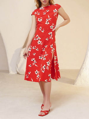 Платье А-силуэта красное с цветочным принтом | 6045138