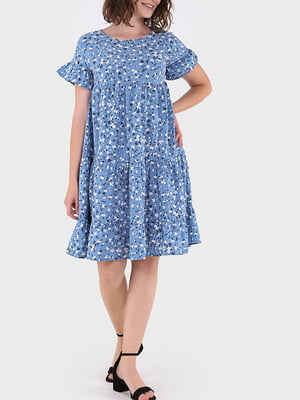 Платье А-силуэта голубое с цветочным принтом | 6048797