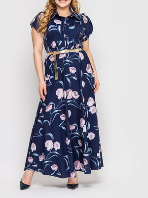 Платье А-силуэта синее с цветочным принтом | 5108916