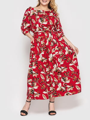 Платье А-силуэта красное с цветочным принтом | 6052859
