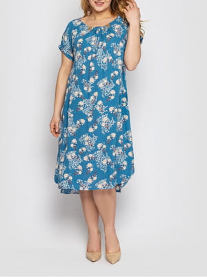 Платье А-силуэта голубое с цветочным принтом | 6052882