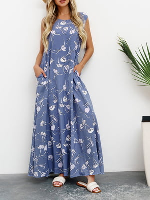 Платье А-силуэта синее с цветочным принтом | 6054642