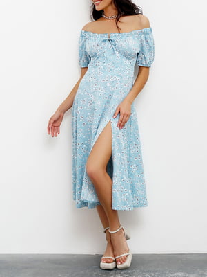 Платье А-силуэта голубое с цветочным принтом | 6054706