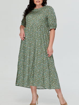 Платье А-силуэта оливковое с цветочным принтом | 6056226