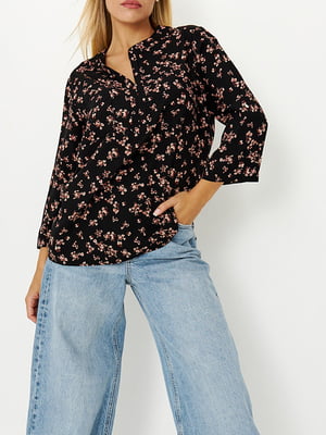 Блуза чорна з квітковим принтом | 6069898