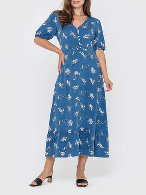 Сукня А-силуету кольору індиго з квітковим принтом | 6071044