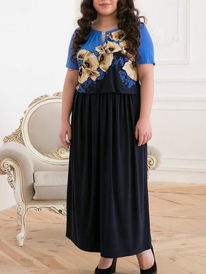 Платье А-силуэта черно-синее в цветочный принт | 6076449
