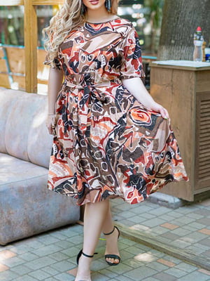 Сукня А-силуету теракотового кольору в принт | 6076551