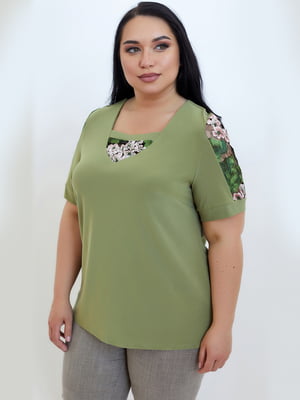 Блуза оливкового кольору з квітковим принтом | 6083250
