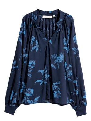 Блуза темно-синяя с цветочным принтом | 6085819