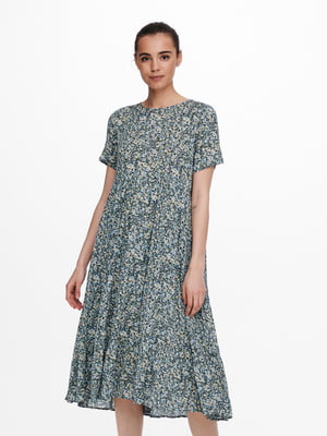 Платье А-силуэта синее с цветочным принтом | 6095932