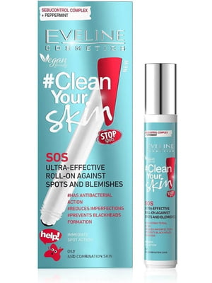 Гель SOS від прищів та вугрів супер ефективний роликовий Clean Your Skin Eveline 15 мл | 6101981
