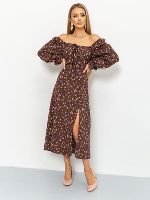 Сукня А-силуету коричнева в квітковий принт | 6114668