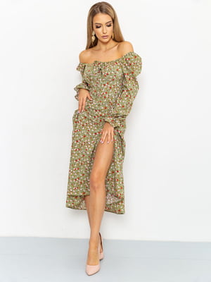 Сукня А-силуету оливкового кольору в квітковий принт | 6114670