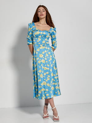 Сукня А-силуету блакитна в квітковий принт | 6129654