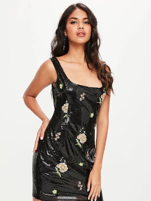 Платье черное с пайетками и цветочной вышивкой | 6082268