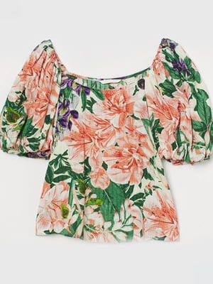 Блуза в квітковий принт з двошаровими пишними рукавами | 6133457