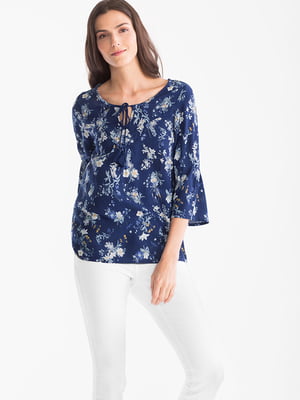 Блуза синяя с цветочным принтом | 6251872