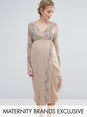 Платье для беременных бежевое с декором | 6252609